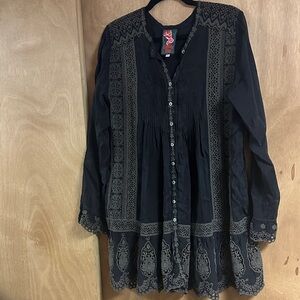 Johnny Was Black Blouse with Floral Embroidery
